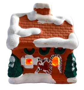 VTG KMART CHRISTMAS TERRA COTTA HOLIDAY CANDY CANE HOUSE TEALIGHT CANDLE HOLDER - Picture 1 of 9