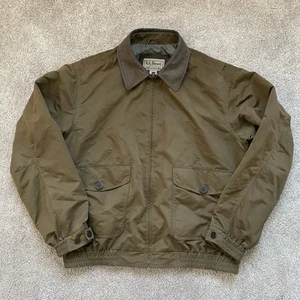 Vintage LL Bean Jacket Large Brown Leather Collar Military Bomber Harrington - Picture 1 of 13