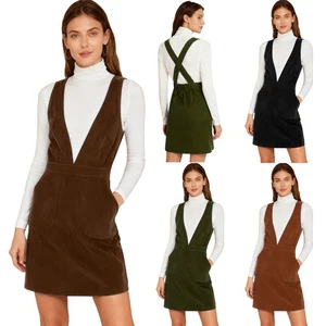 Womens Dresses Crossing Dress Solid Color Costume Side Corduroy Overall V-Neck - Picture 1 of 59