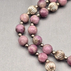 VTG Rhodonite 8mm Beaded Necklace 18" Sterling Silver Spring Clasp & Spacers - Picture 1 of 7