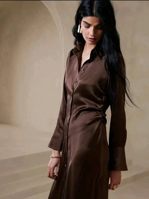 NWT Banana Republic Enchant Silk Dress Size Medium Petite In Roasted Cacao Brown - Image 1 of 4