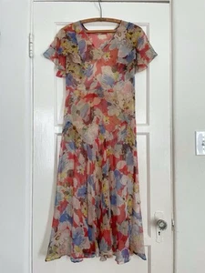 1920s 30s Colorful Chiffon Dress Flutter Sleeve Floral Sheer Flapper - Picture 1 of 7