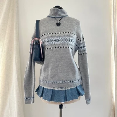 NUEVO Suéter Vintage Route 66 Fair Isle Cuello Alto Talla Grande Gris Años 90 y2k Preppy Foto 1 de 4