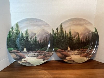 "2 platos de cena de melamina Sakura Northwoods canoa pesca David Carter marrón 11""" Foto 1 de 4