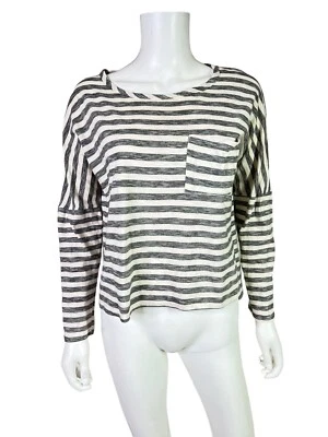 Athleta T Shirt Top Tee Gray Striped Cropped Long Sleeve Cotton Knit Size Small - Image 1 of 4