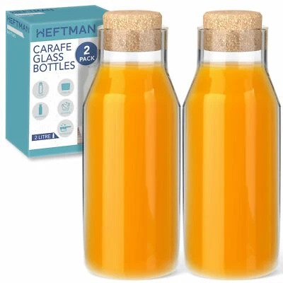 HEFTMAN Carafe Glass Bottle Cork Lid Clear Water Hot Cold Jars 2 Litre 2 Pack