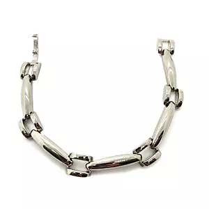 Silver Tone Link Chain Bracelet Fold-over Clasp 7.5" Heavy 10mm Wide Modern - Picture 1 of 7