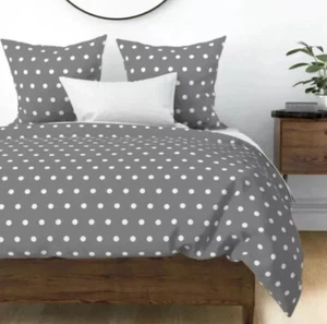 New Grey + White Polka Dot Duvet Set Full/Queen 100% Sateen Cotton By Dot Shoppe - Picture 1 of 6