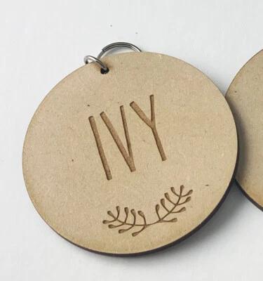 PERSONALISED ENGRAVED CHILDREN KIDS NAME KEY RING TIMBER MDF BAG TAG - image 1 of 4