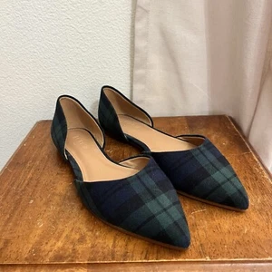 J. Crew Plaid D'Orsay Flats Blue Green Pointed Toe Check Oxford English Size 6 - Picture 1 of 8