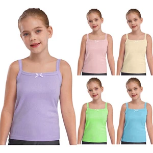 Kids Girls Sports Vest Tops Bowknot Ribbed Camisole Spaghetti Straps Undershirts - Picture 1 of 37