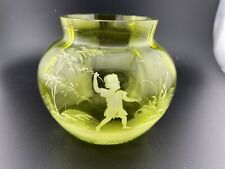Antique Vase MARY GREGORY Green Handblown Glass Enameled Boy & Trees