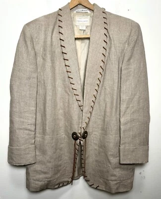 Vtg Roberta Lawrence Linen Blazer M Leather Whipstitch Western Boho Jacket - Image 1 of 4