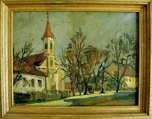 ARTUR MÜLLER - Dorfplatz mit Kirche. Original Ölgemälde, Prex o.J., 34,5 x 44 cm - Picture 1 of 1