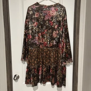 Easel Kimono Cardigan Panné Velvet Brown  Floral Cottage Bohemian Ruffles SZ LG - Picture 1 of 8