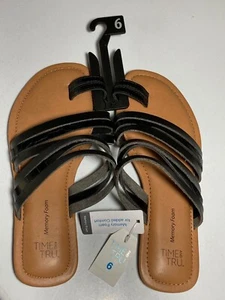 Time And Tru Women’s Strappy Sandals Black Sz 6 Memory Foam Soles - Picture 1 of 6
