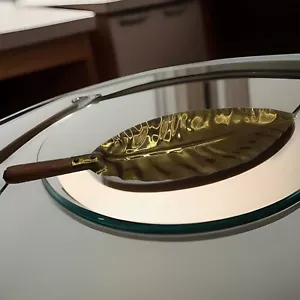 RARE Retro Brass Long Leaf Tray / Olive , Relish Dish W/ Wood Handle Charcuterie - Picture 1 of 11