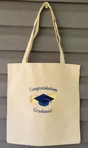 NEW EMBROIDERED FABRIC reuseable GIFT TOTE BAG graduation graduate blue yellow - Picture 1 of 2