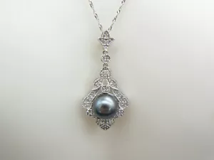 Ciondolo oro bianco 10 kt 1 1/4" goccia 8 mm perla nera e diamante .10 ctw catena 18" - Foto 1 di 8