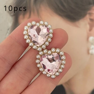 10PCS Heart Shaped Crystal Button Metal Rhinestone Pink Craft DIY Sewing Costume - Image 1 of 4
