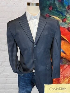 Calvin Klein 44R Mens Navy Blue Pinstripe 3 Button Blazer Sport Coat Jacket - Picture 1 of 12
