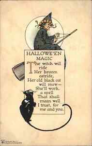 Halloween Witch on Broom Cat PF Volland 4044 Arts & Crafts c1915 Postcard