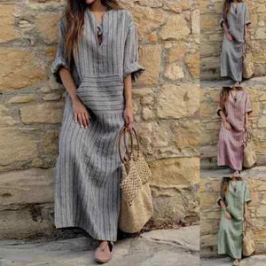 Plus Size Womens Cotton Linen Maxi Dress Ladies Pocket Loose Baggy Kaftan Dress - Picture 1 of 6