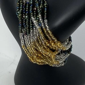 Multi Colored Metallic Seed Bead Multi Strand Bracelet Green Gold Clear - Picture 1 of 9