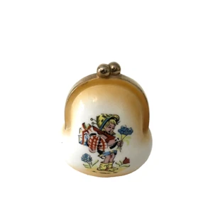 Vintage Ceramic Purse Coin Piggy Still Bank Girl Picking Blue Flowers NO Stopper - Picture 1 of 8