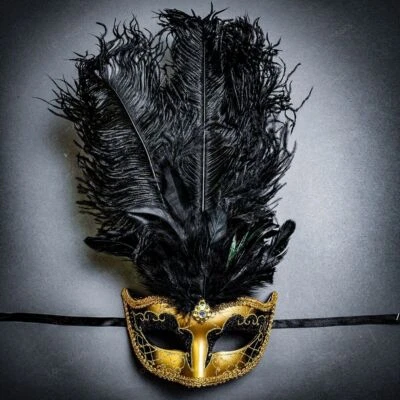 Venetian Gold Black Masquerade Mask Show Girl Ostrich Feather Eye Mask Costume - Image 1 of 4