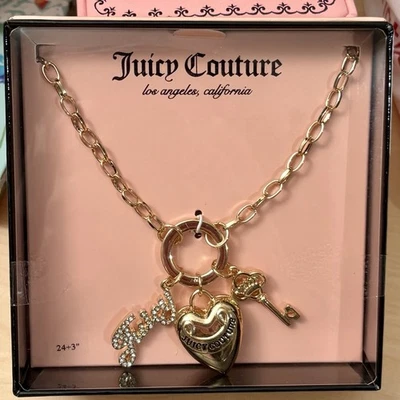 JUICY COUTURE Gold Curb Link Charm Necklace Puffy Heart Key Rhinestone GIFT BOX - Image 1 of 4