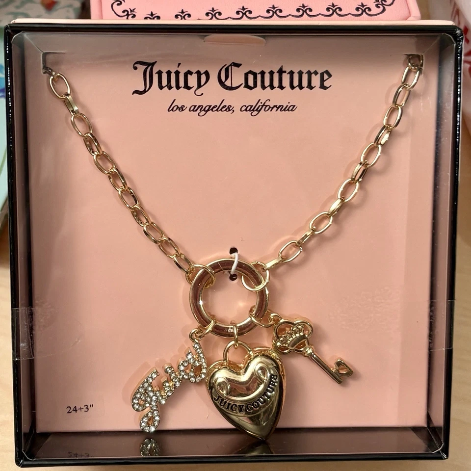 JUICY COUTURE Colar Berloque Elos Curvos de Ouro Coração Inchado Chave Strass CAIXA DE PRESENTE - Imagem 1 de 4