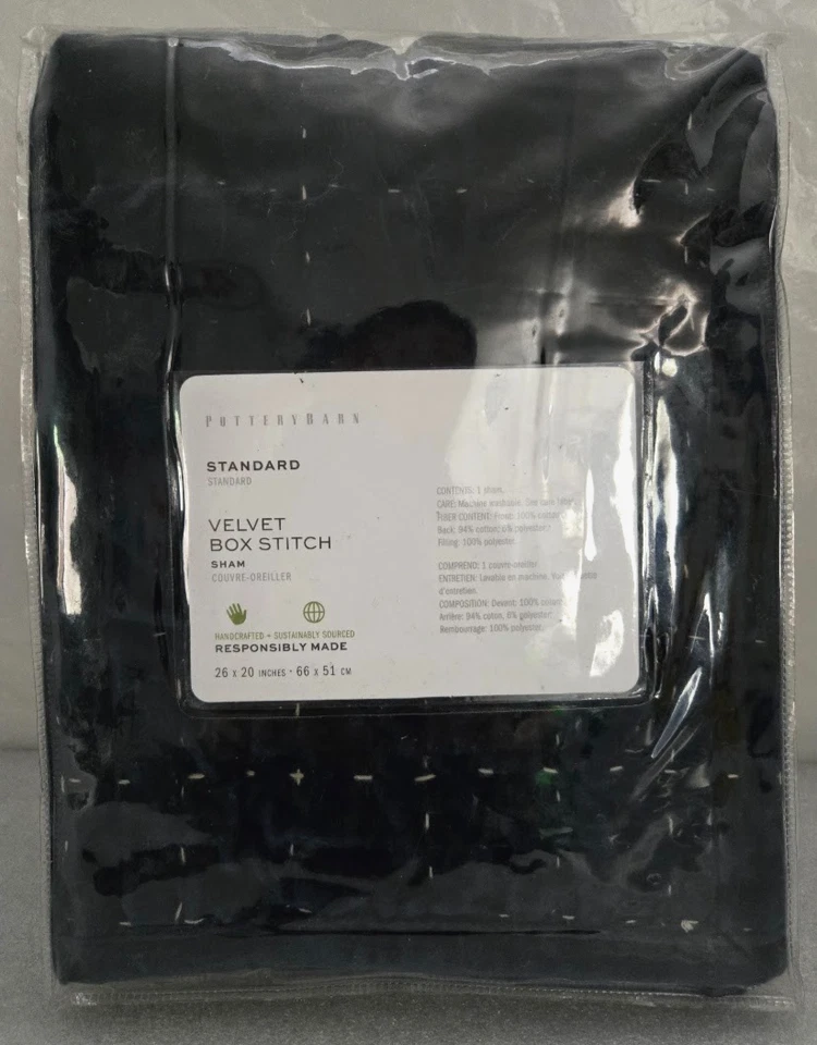 Pottery Barn Terciopelo Artesanal Puntada de Caja Acolchada Estándar 1-Fham 26"x20" Azul Marino Foto 1 de 2