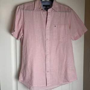 Tommy Hilfiger Mens M Pink Linen Blend Preppy Short Sleeve Button-Down Shirt - Picture 1 of 10