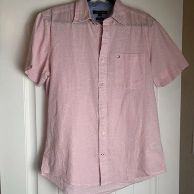 Camisa Tommy Hilfiger Para Hombres M Rosa Mezcla de Lino Preppy Manga Corta Abotonada Foto 1 de 4