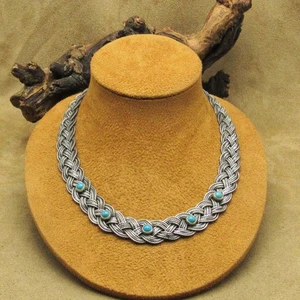 Exquisito collar tejido vintage de plata de ley con piedras turquesa - Imagen 1 de 6
