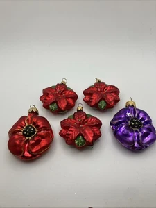 Glass Poinsettia Christmas Ornament Set Pansy Purple Red Flower Lot 5 - Picture 1 of 7