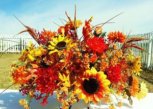 Deluxe Autumn Cemetery Grave Headstone Fall Flowers Yellow & Orange Two-Sided - Picture 1 of 1