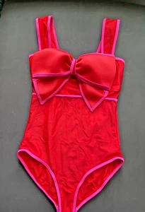 Womens Swimsuit Medium Red Pink Bow Detail One Piece Bathing Suit Swimwear - Picture 1 of 5