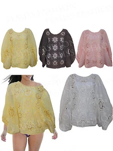Tropisches Häkel-Strickoberteil Damen Sommer Bluse Shirts im Fledermausstil   - Bild 1 von 4
