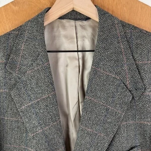VINTAGE Lands End Sport Coat Mens 43R Gray Windowpane Herringbone Tweed Jacket - Picture 1 of 14