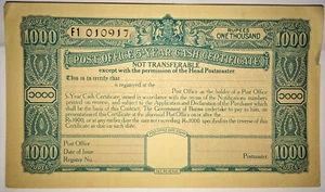 Birmania 1945 Guerra Contanti Risparmio Certificato 1000 Rupie Inutilizzato - Bild 1 von 2