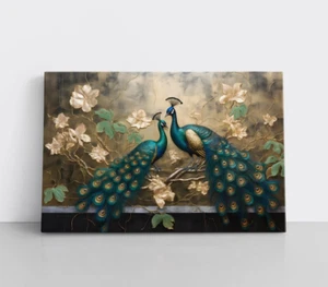 Eleganter Pfau Leinwand Wandbild Kunstdruck auf gerahmter Leinwand Majestätisch Blau Gold Grün - Bild 1 von 13