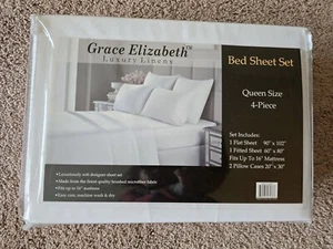Grace Elizabeth Queen Sheet Set White 4 Piece 1 Flat, 1 Fitted & 2 Cases NEW - Picture 1 of 3