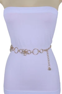 Women Gold Color Metal Chain Narrow Waisted Bling Flower Charm Dressy Belt S M L - Picture 1 of 24