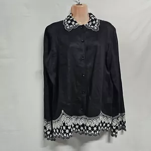 Dana Buchman Women Embroidered Top Blouse Shirt Size L Black Linen Button Up L/S - Picture 1 of 18