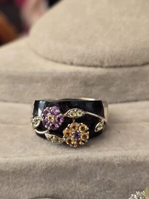 Anillo ancho Ross Simons plata esterlina ónix negro amatista citrino flor margarita Foto 1 de 4