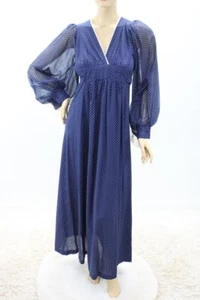 Vintage Maxi Dress Blouson Sleeves Blue White Polk Cottagecore Waist 31" USA - Picture 1 of 10