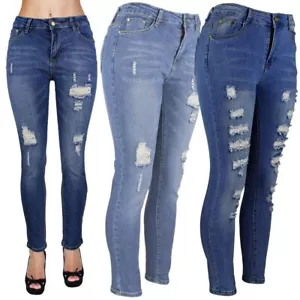women's Stretch Jeans, Mid Waist, Distressed, Ripped skinny stretch Denim Pants - Picture 1 of 17