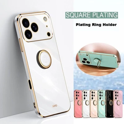 For iPhone 17 Pro Max/Air/16/15 Pro Max Plating Ring Stand Soft Phone Cover Case - Image 1 of 4